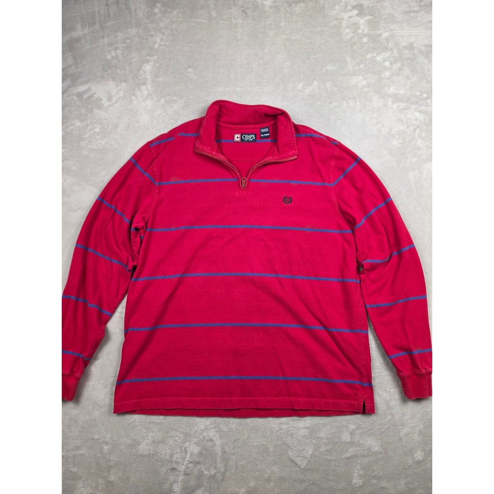Chaps Quarter Zip Pullover Mens XL Red Rugby Striped Long Sleeve Cotton Sweater